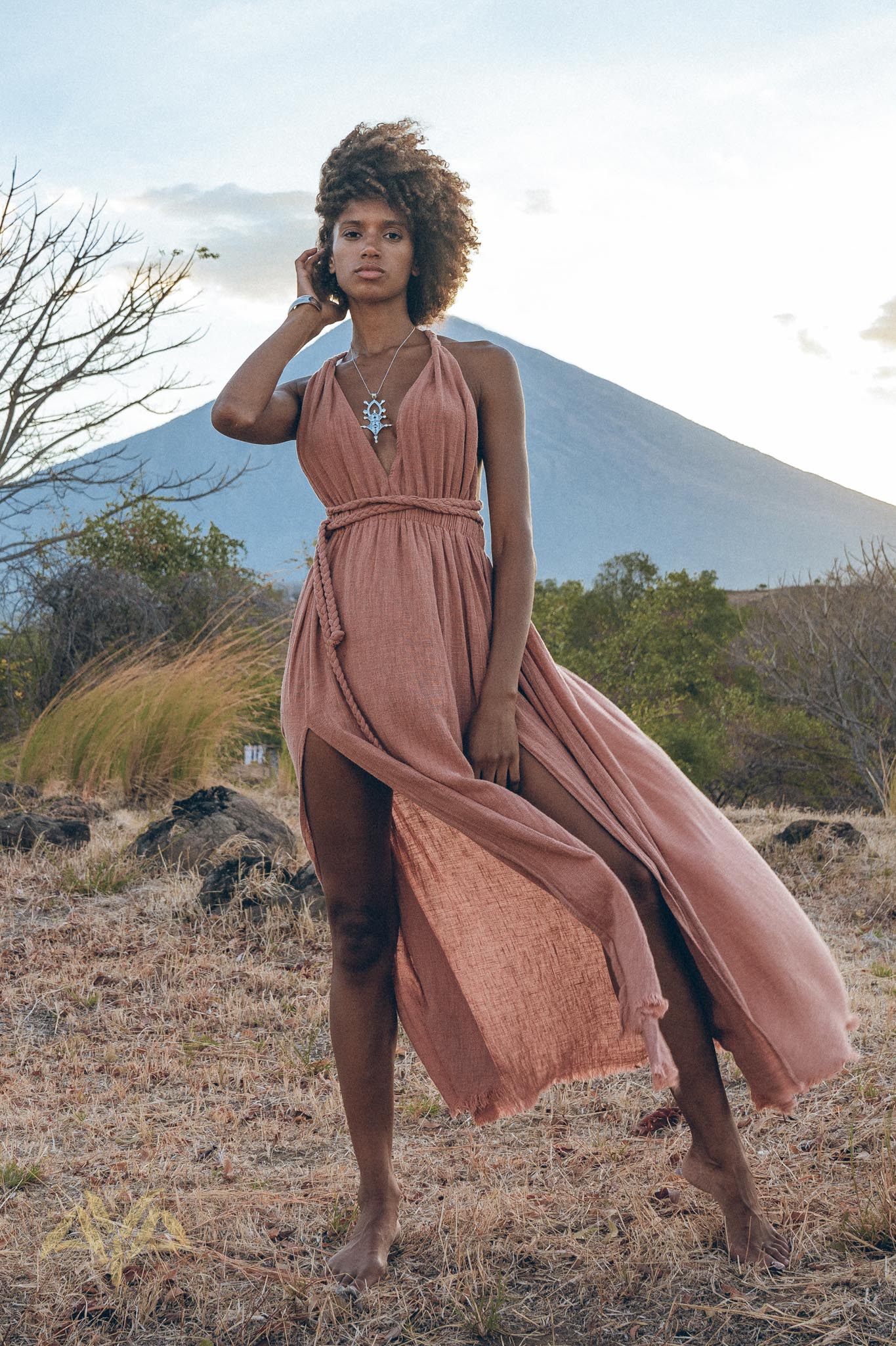 Greek Goddess Dress • Rose Gold Long Maxi Belted Dress - AYA SW IDR