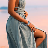 Greek Goddess Dress • Sky Blue Long Maxi Belted Dress - AYA SW IDR