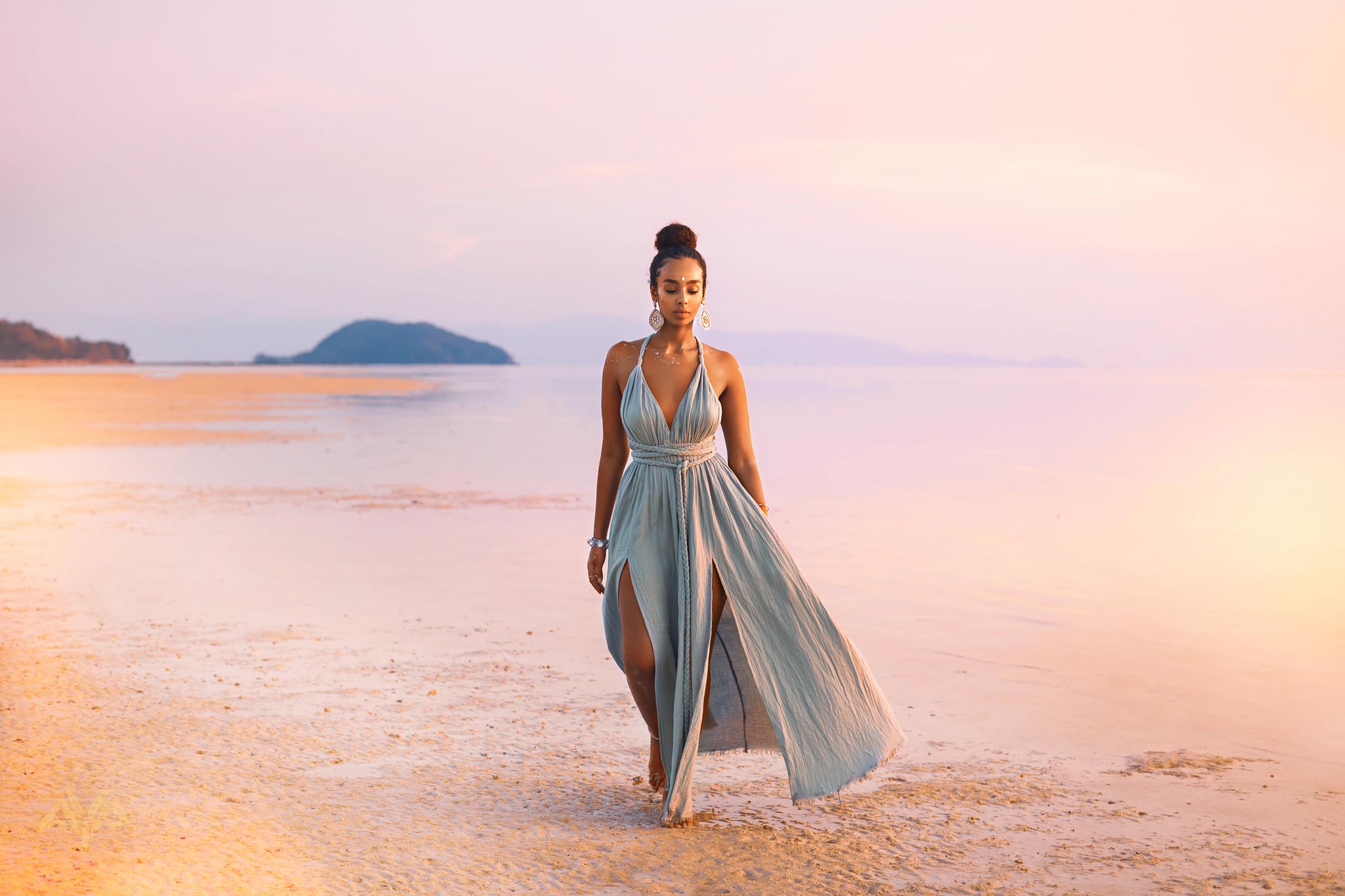 Greek Goddess Dress • Sky Blue Long Maxi Belted Dress - AYA SW IDR