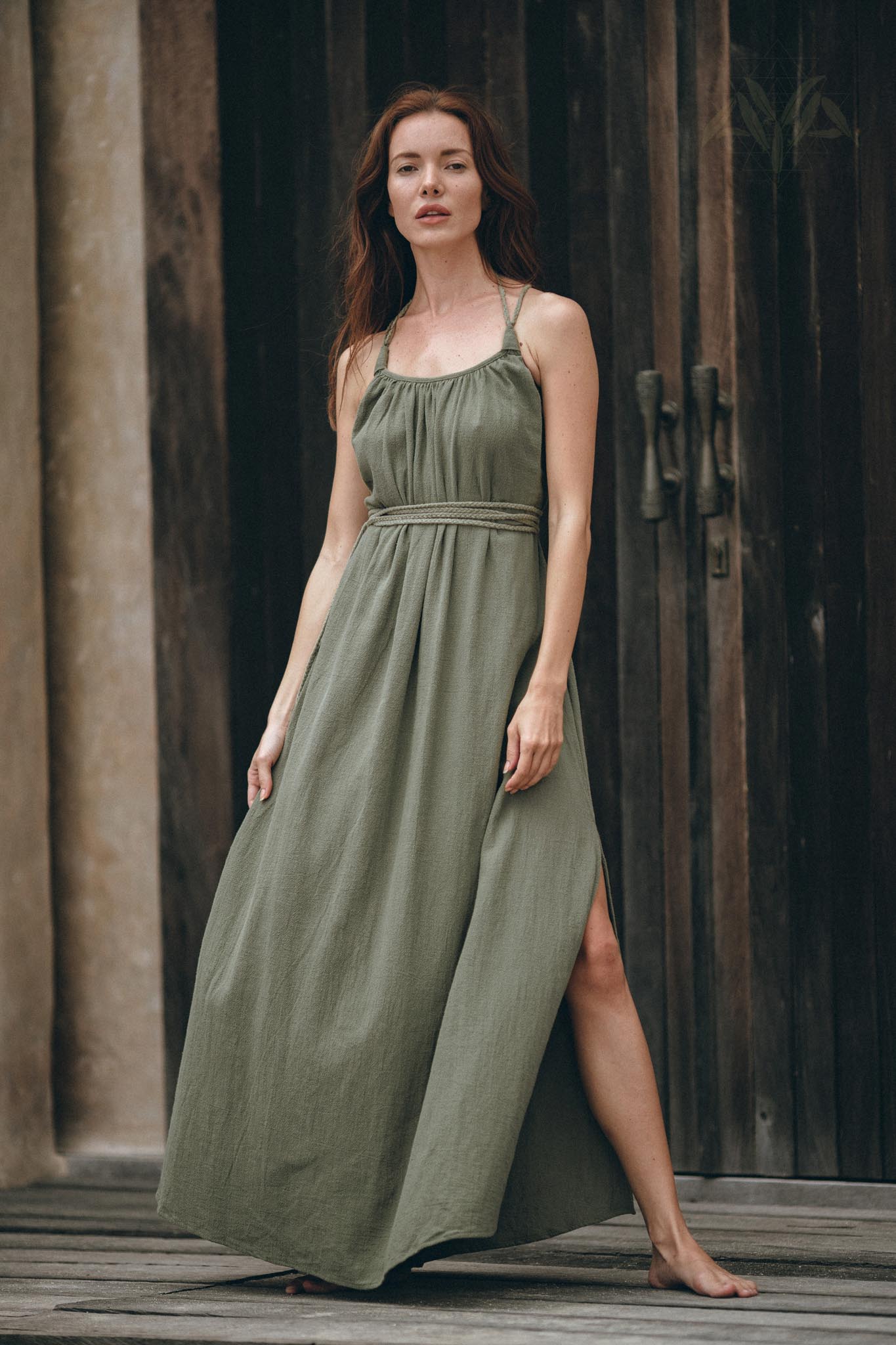 Green Organic Cotton Dress • Bohemian Bridesmaid Dress • Hand Loomed Open Back Dress - AYA SW IDR
