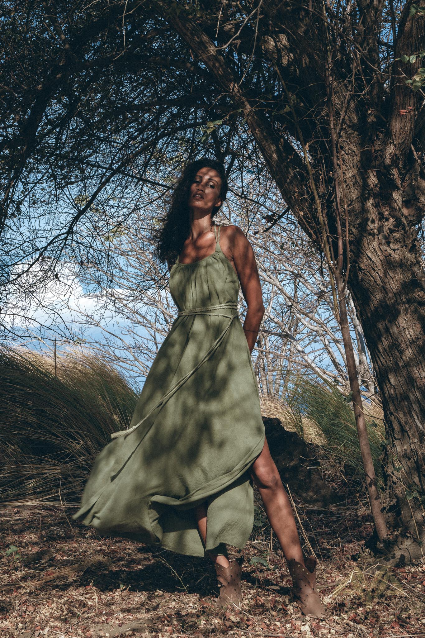 Green Organic Cotton Dress • Bohemian Bridesmaid Dress • Hand Loomed Open Back Dress - AYA SW IDR