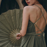 Green Organic Cotton Dress • Bohemian Bridesmaid Dress • Hand Loomed Open Back Dress - AYA SW IDR