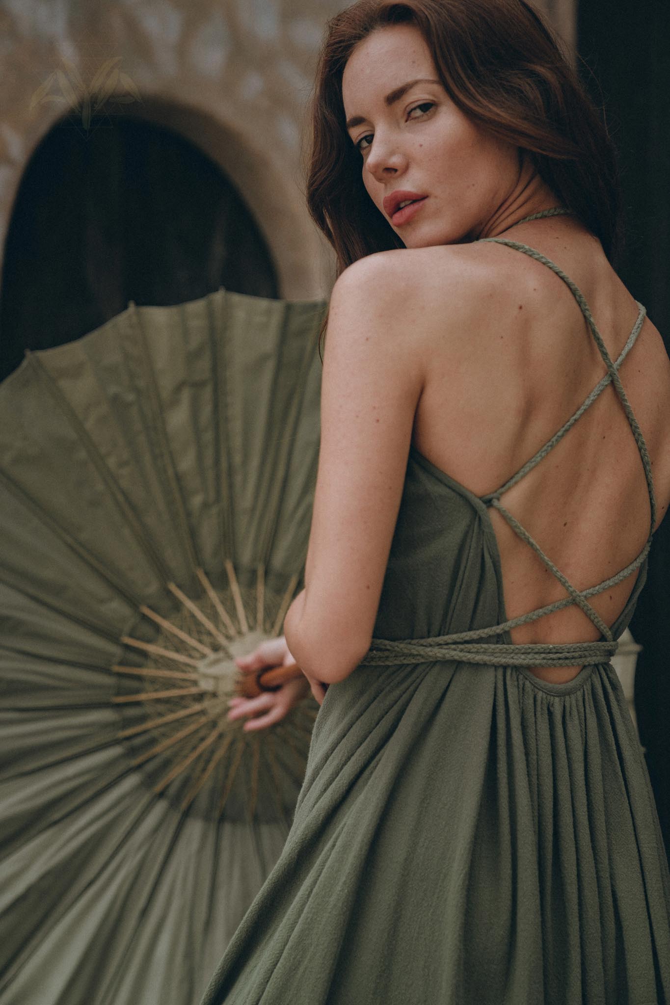 Green Organic Cotton Dress • Bohemian Bridesmaid Dress • Hand Loomed Open Back Dress - AYA SW IDR