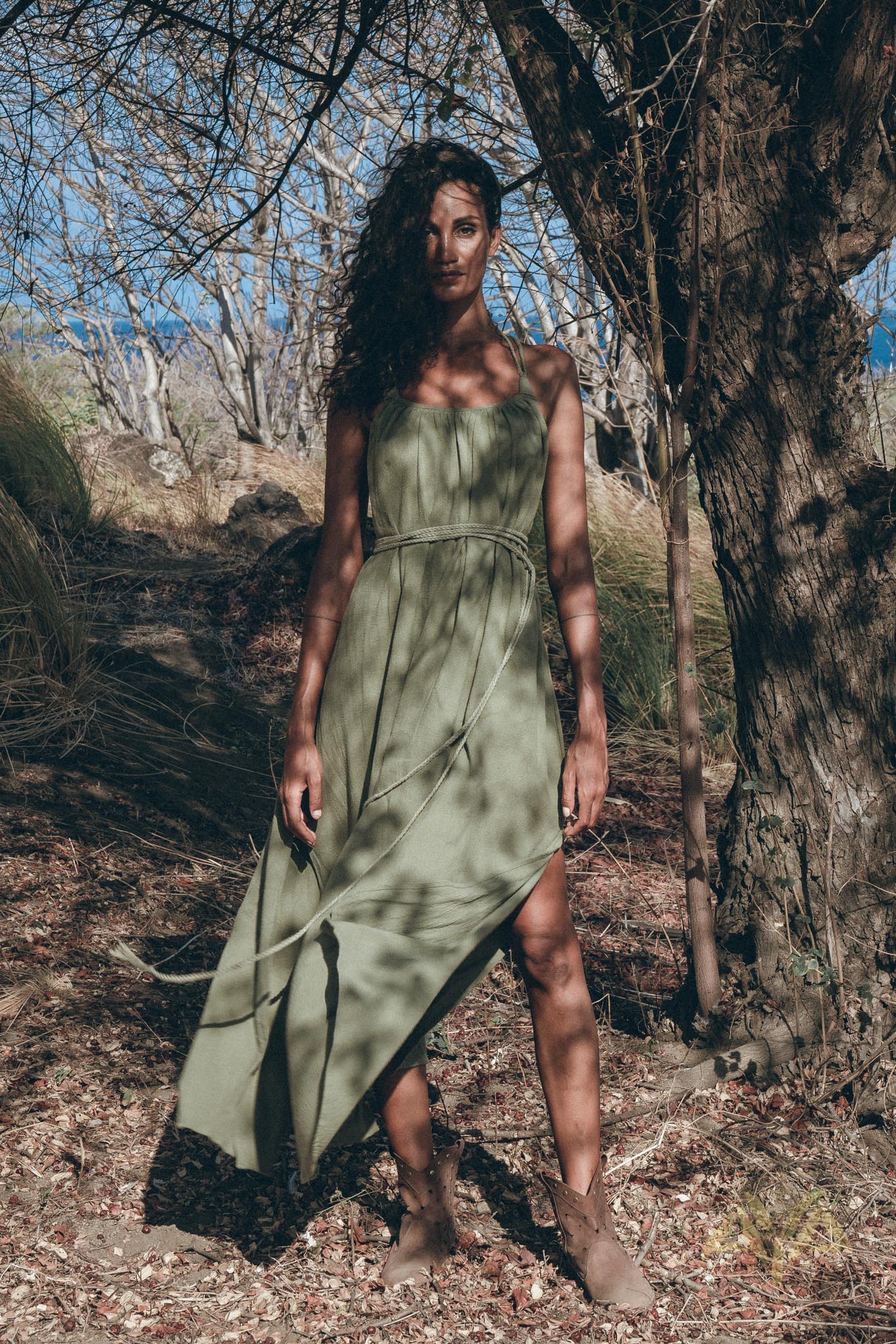 Green Organic Cotton Dress • Bohemian Bridesmaid Dress • Hand Loomed Open Back Dress - AYA SW IDR