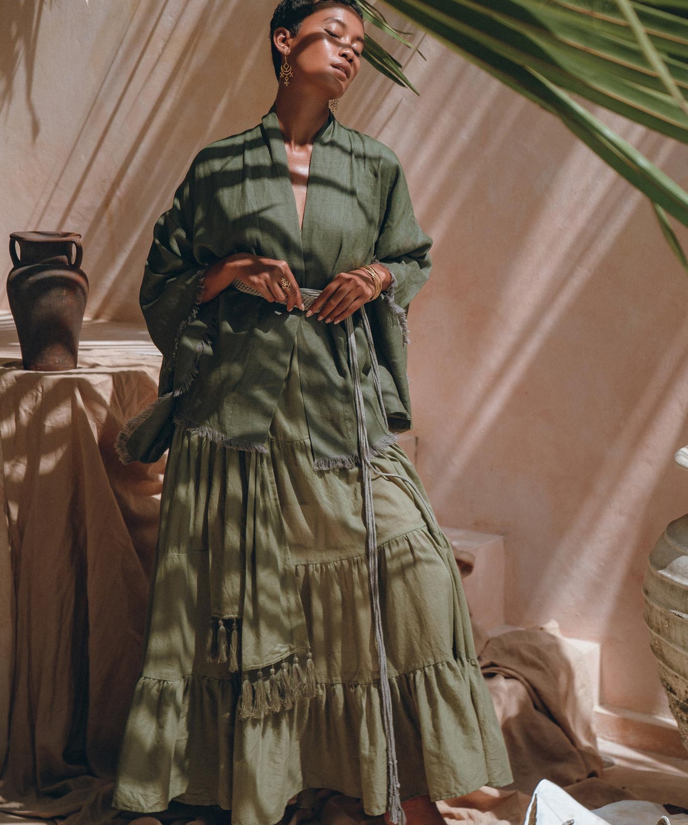 Short Linen Kimono Wrap with Belt, Bohemian Kimono Jacket For Women - AYA Sacred Wear