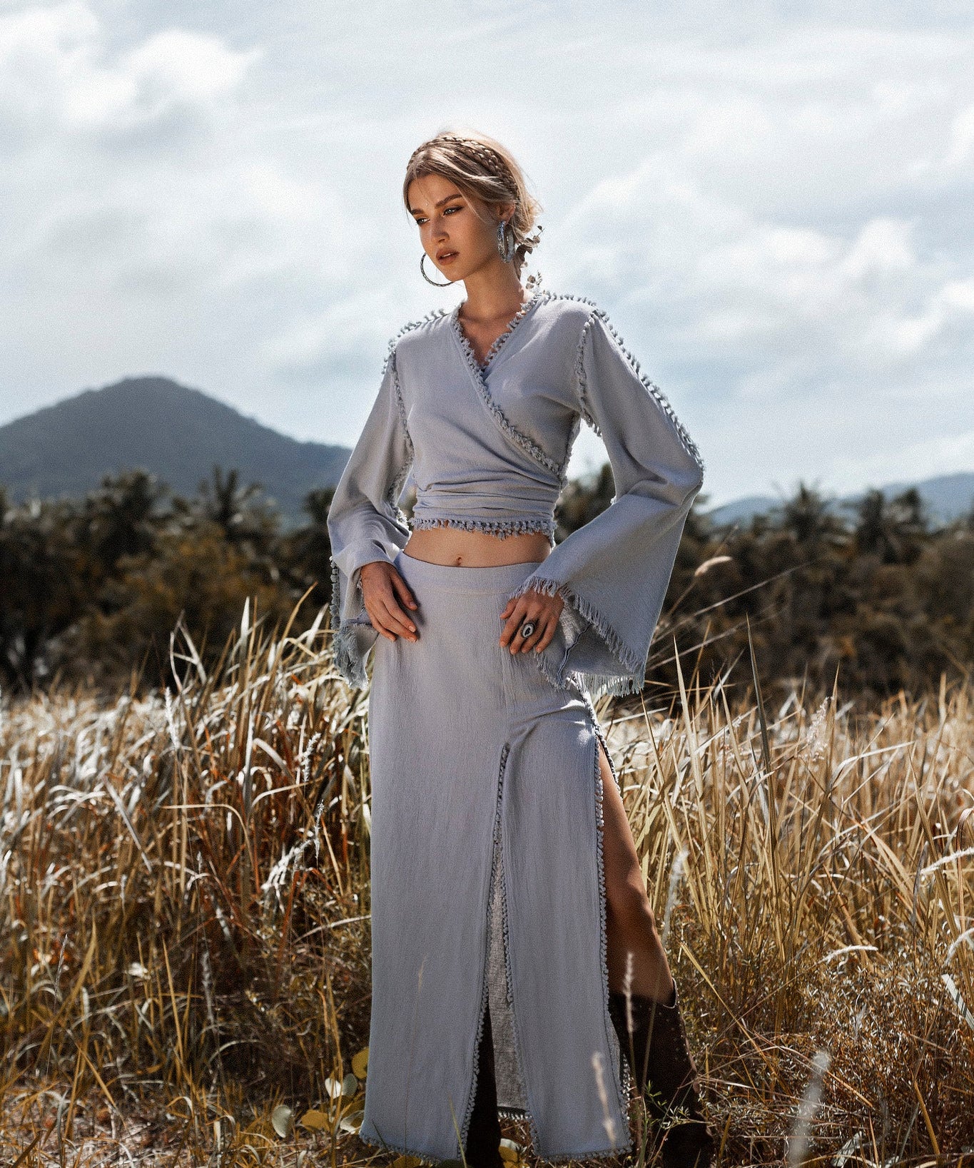 Beachside Glamour - Sky Blue Maxi Skirt with Tassel Accents, Perfect for Summer Getaways