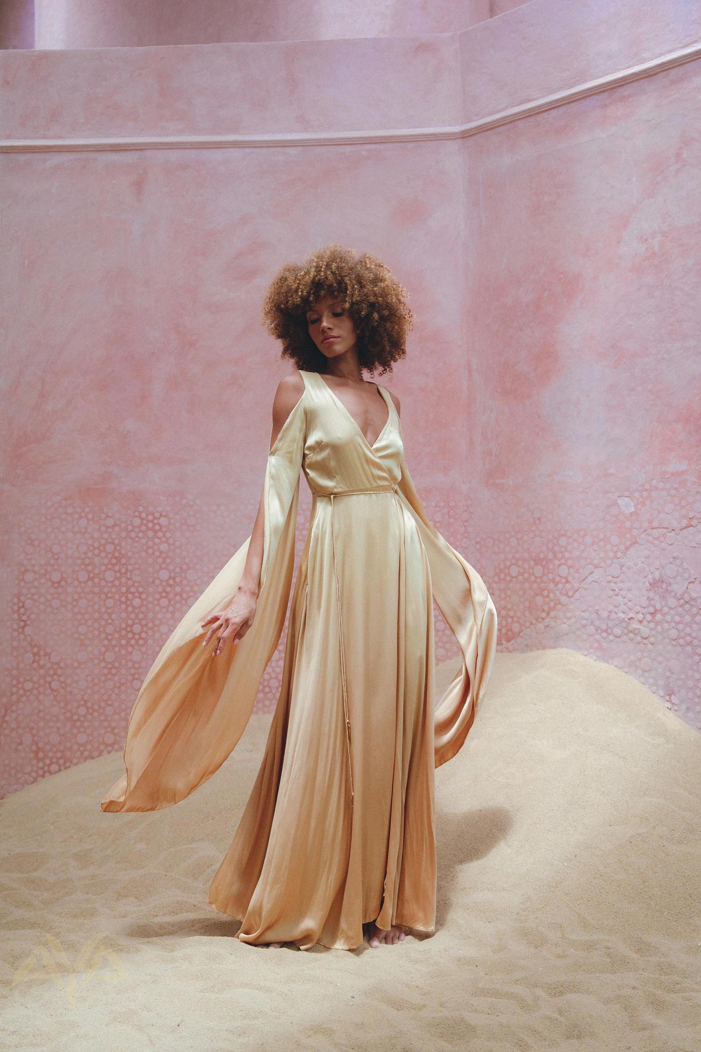 Inca Gold Matangi Peace Silk Gown • Organic Bridesmaid Kimono Dress • Wrap Dress - AYA SW IDR