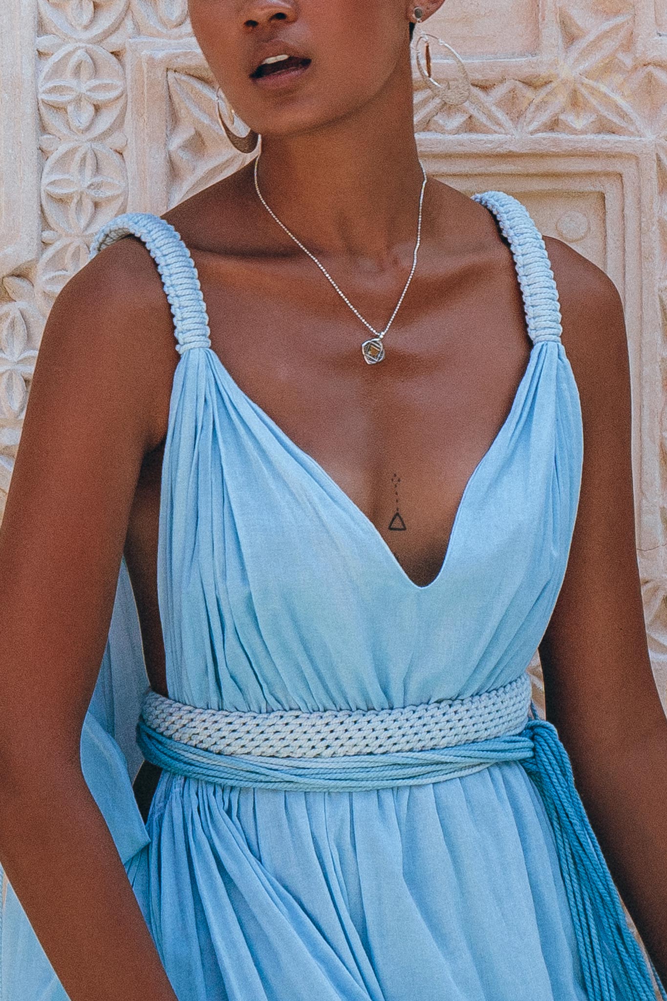 Indigo Blue Botanically Dyed Handmade Macrame Belted Boho Dress - AYA SW IDR