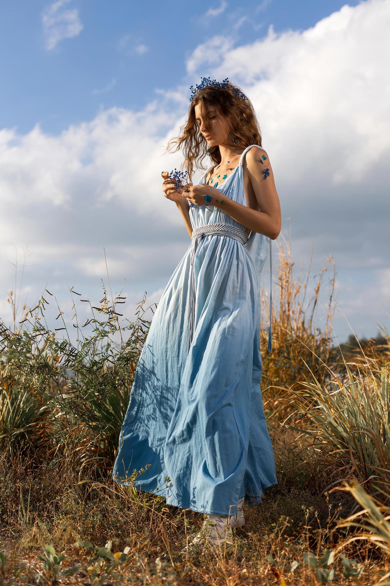 Indigo Blue Botanically Dyed Handmade Macrame Belted Boho Dress - AYA SW IDR