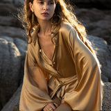 Inka Gold Apsara Silk Kimono Blouse, Boho Bell Sleeve Top, Sustainable Handmade Bali Goddess Wrap, Slow Fashion - AYA SW IDR
