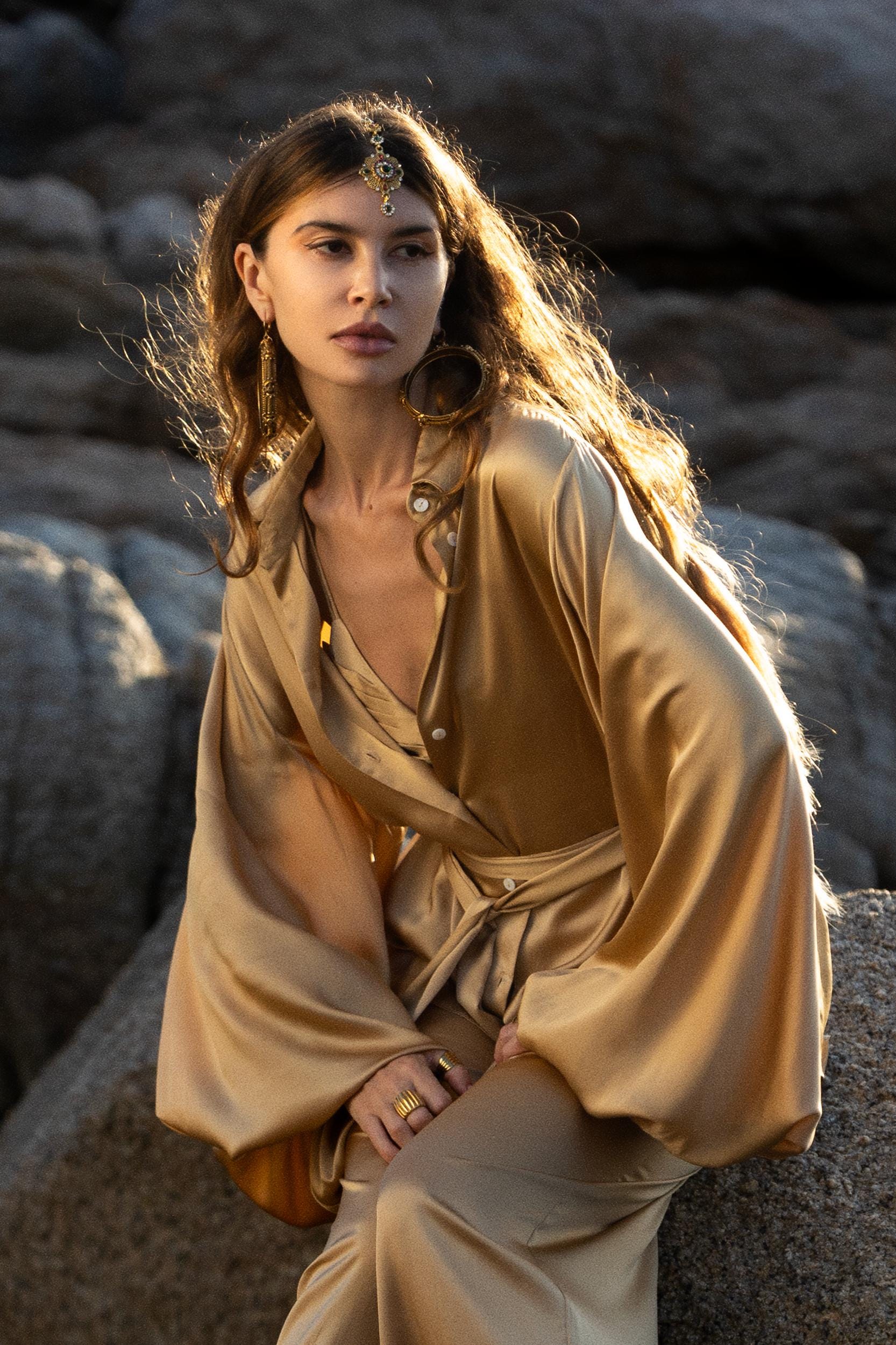 Inka Gold Apsara Silk Kimono Blouse, Boho Bell Sleeve Top, Sustainable Handmade Bali Goddess Wrap, Slow Fashion - AYA SW IDR