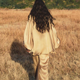 Inka Gold Apsara Silk Kimono Blouse, Boho Bell Sleeve Top, Sustainable Handmade Bali Goddess Wrap, Slow Fashion - AYA SW IDR