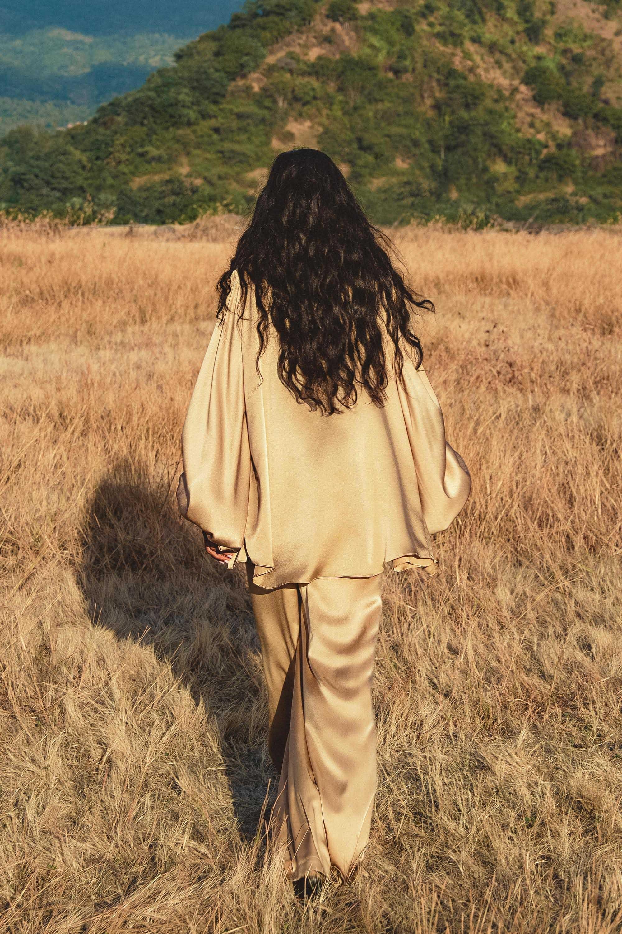 Inka Gold Apsara Silk Kimono Blouse, Boho Bell Sleeve Top, Sustainable Handmade Bali Goddess Wrap, Slow Fashion - AYA SW IDR