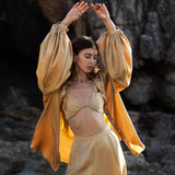 Inka Gold Apsara Silk Kimono Blouse, Boho Bell Sleeve Top, Sustainable Handmade Bali Goddess Wrap, Slow Fashion - AYA SW IDR