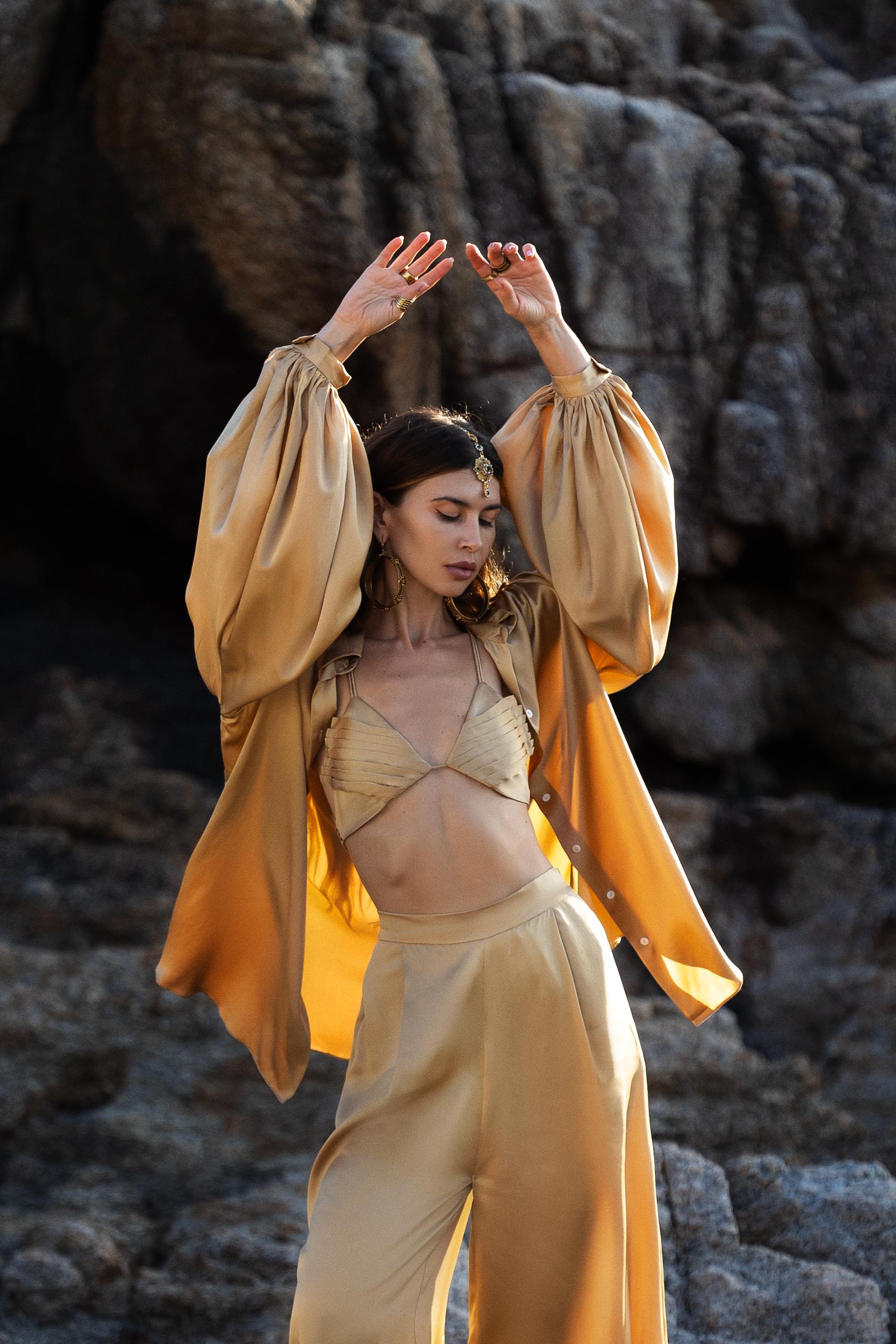 Inka Gold Apsara Silk Kimono Blouse, Boho Bell Sleeve Top, Sustainable Handmade Bali Goddess Wrap, Slow Fashion - AYA SW IDR