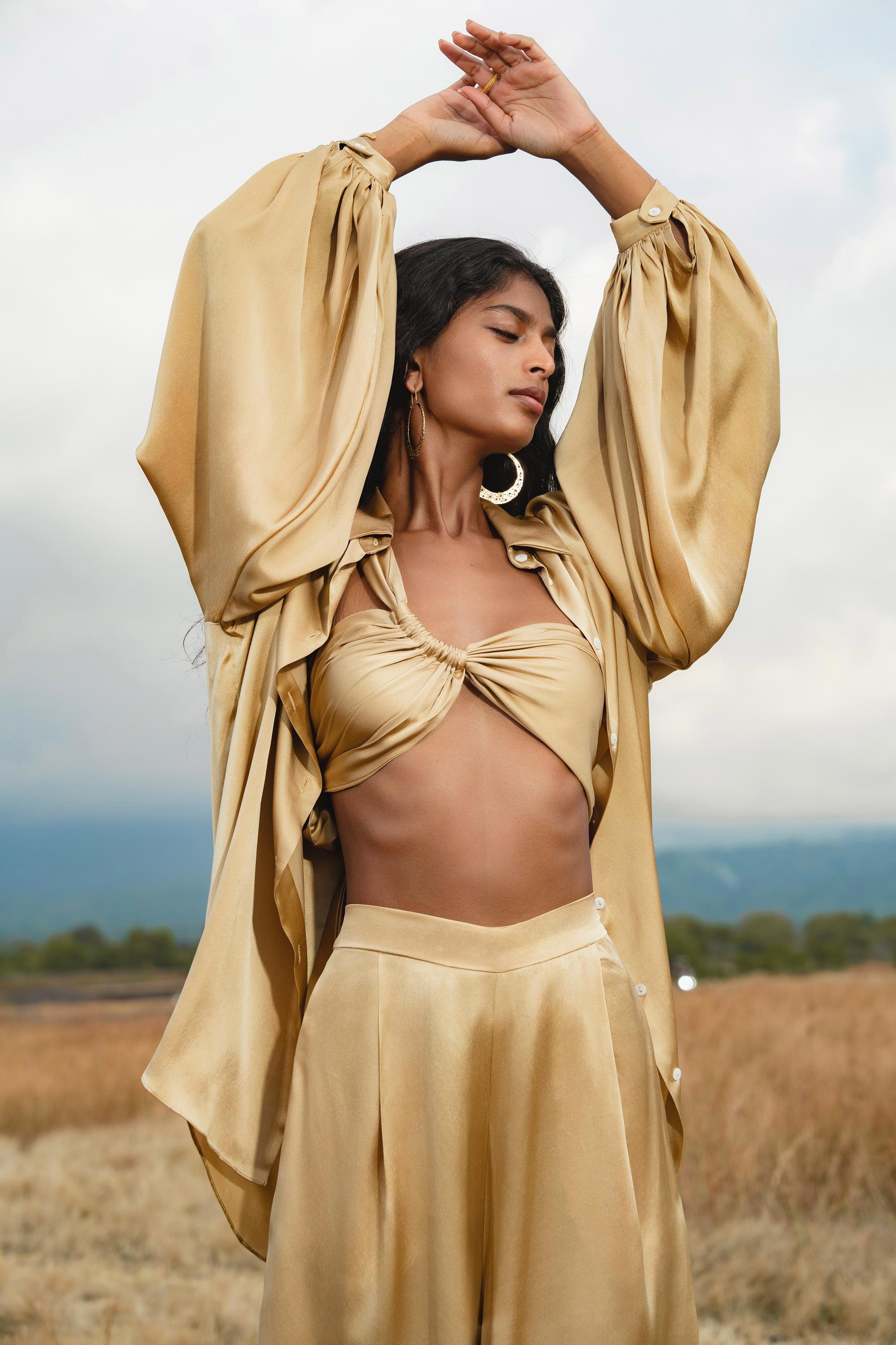 Inka Gold Apsara Silk Kimono Blouse, Boho Bell Sleeve Top, Sustainable Handmade Bali Goddess Wrap, Slow Fashion - AYA SW IDR