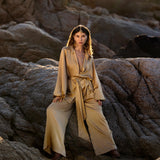 Inka Gold Apsara Silk Kimono Blouse, Boho Bell Sleeve Top, Sustainable Handmade Bali Goddess Wrap, Slow Fashion - AYA SW IDR