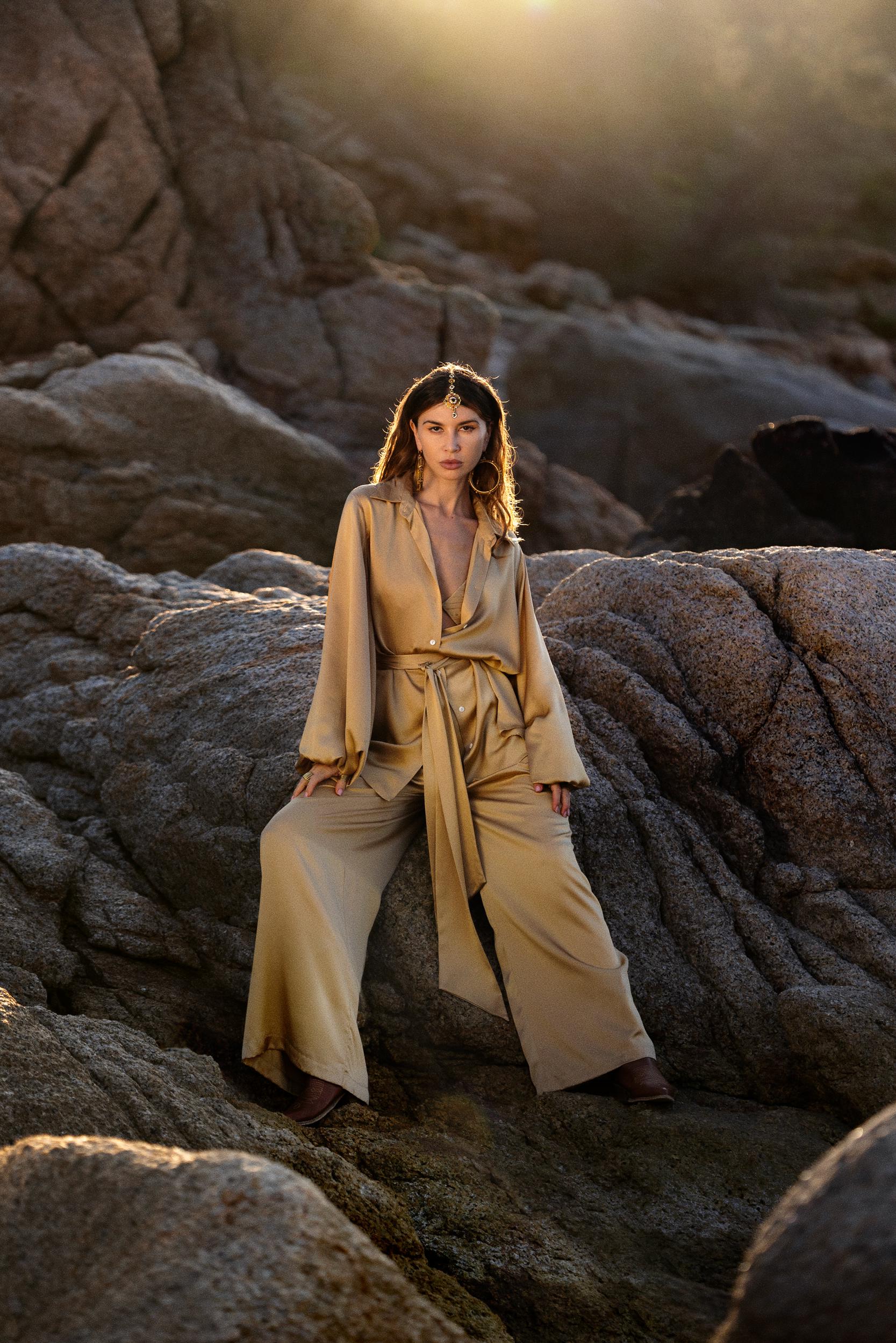 Inka Gold Apsara Silk Kimono Blouse, Boho Bell Sleeve Top, Sustainable Handmade Bali Goddess Wrap, Slow Fashion - AYA SW IDR
