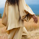 Inka Gold Apsara Silk Kimono Blouse, Boho Bell Sleeve Top, Sustainable Handmade Bali Goddess Wrap, Slow Fashion - AYA SW IDR