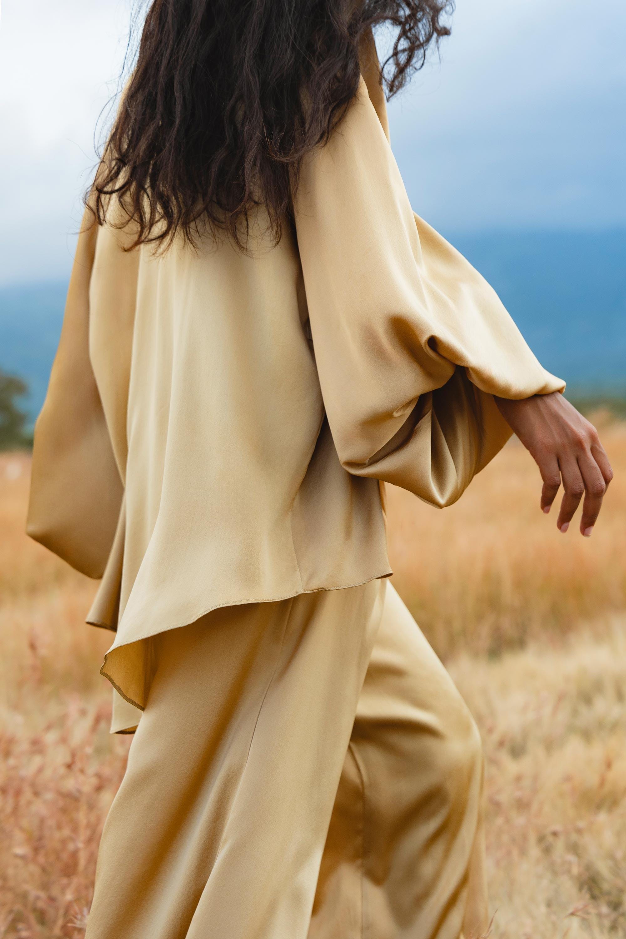 Inka Gold Apsara Silk Kimono Blouse, Boho Bell Sleeve Top, Sustainable Handmade Bali Goddess Wrap, Slow Fashion - AYA SW IDR