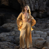Inka Gold Apsara Silk Kimono Blouse, Boho Bell Sleeve Top, Sustainable Handmade Bali Goddess Wrap, Slow Fashion - AYA SW IDR