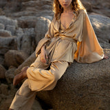Inka Gold Apsara Silk Kimono Blouse, Boho Bell Sleeve Top, Sustainable Handmade Bali Goddess Wrap, Slow Fashion - AYA SW IDR
