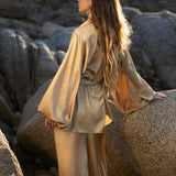 Inka Gold Apsara Silk Kimono Blouse, Boho Bell Sleeve Top, Sustainable Handmade Bali Goddess Wrap, Slow Fashion - AYA SW IDR