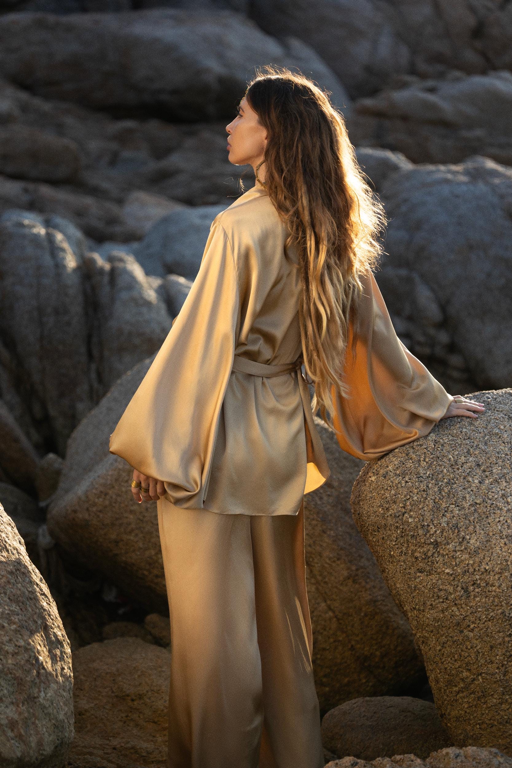 Inka Gold Apsara Silk Kimono Blouse, Boho Bell Sleeve Top, Sustainable Handmade Bali Goddess Wrap, Slow Fashion - AYA SW IDR