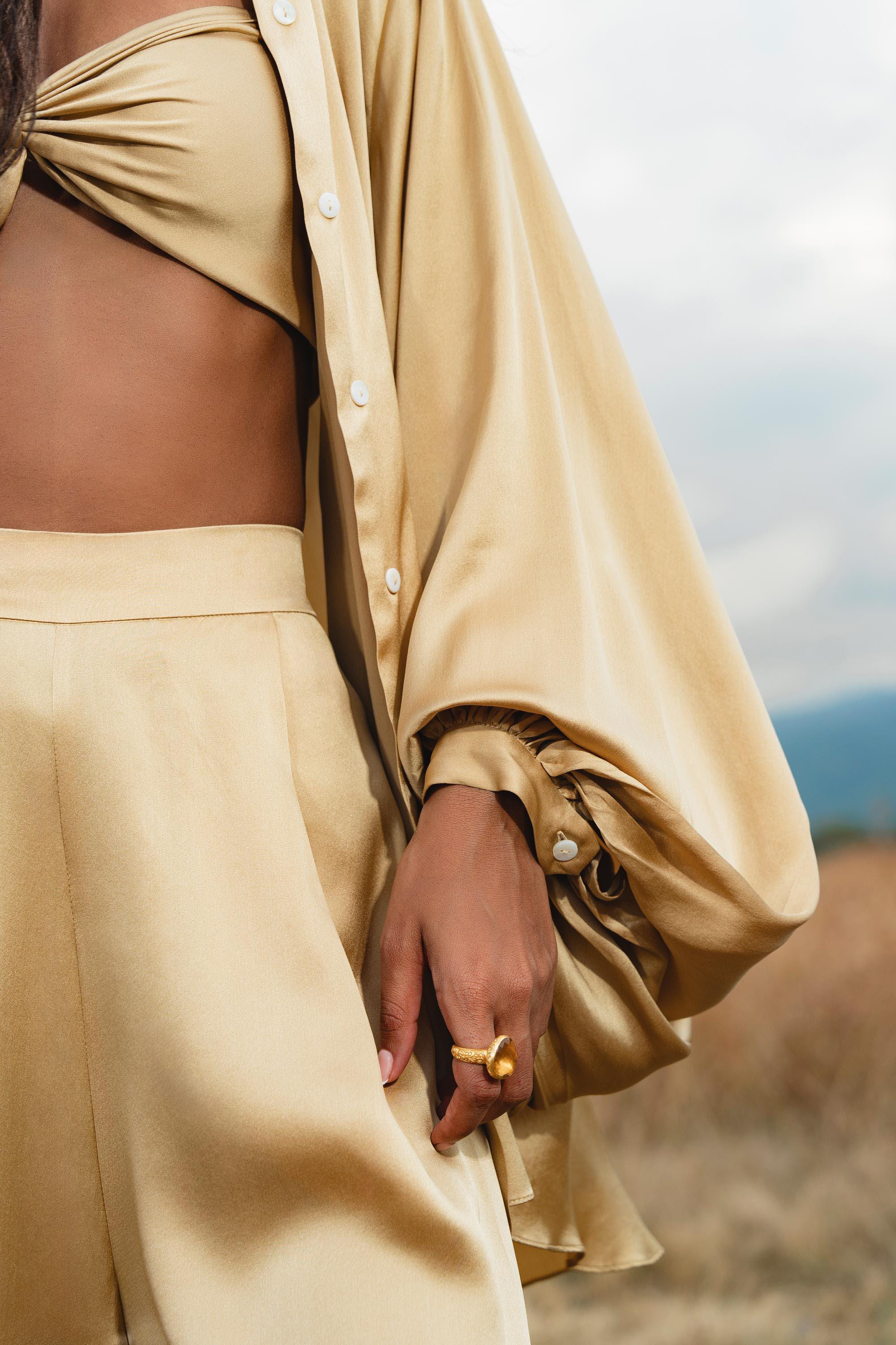 Inka Gold Apsara Silk Kimono Blouse, Boho Bell Sleeve Top, Sustainable Handmade Bali Goddess Wrap, Slow Fashion - AYA SW IDR