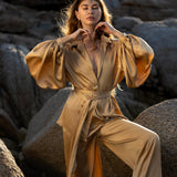 Inka Gold Apsara Silk Kimono Blouse, Boho Bell Sleeve Top, Sustainable Handmade Bali Goddess Wrap, Slow Fashion - AYA SW IDR