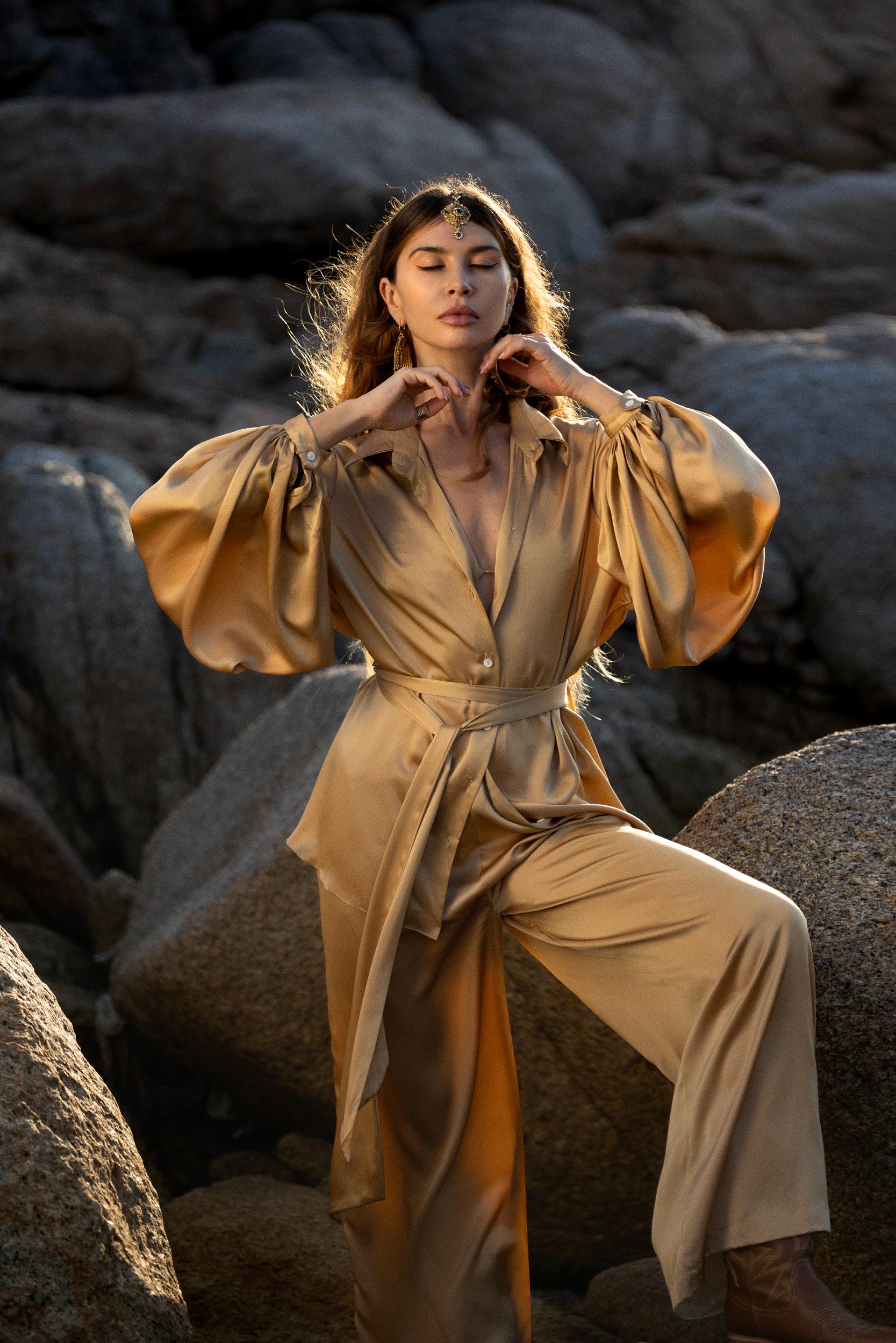 Inka Gold Apsara Silk Kimono Blouse, Boho Bell Sleeve Top, Sustainable Handmade Bali Goddess Wrap, Slow Fashion - AYA SW IDR