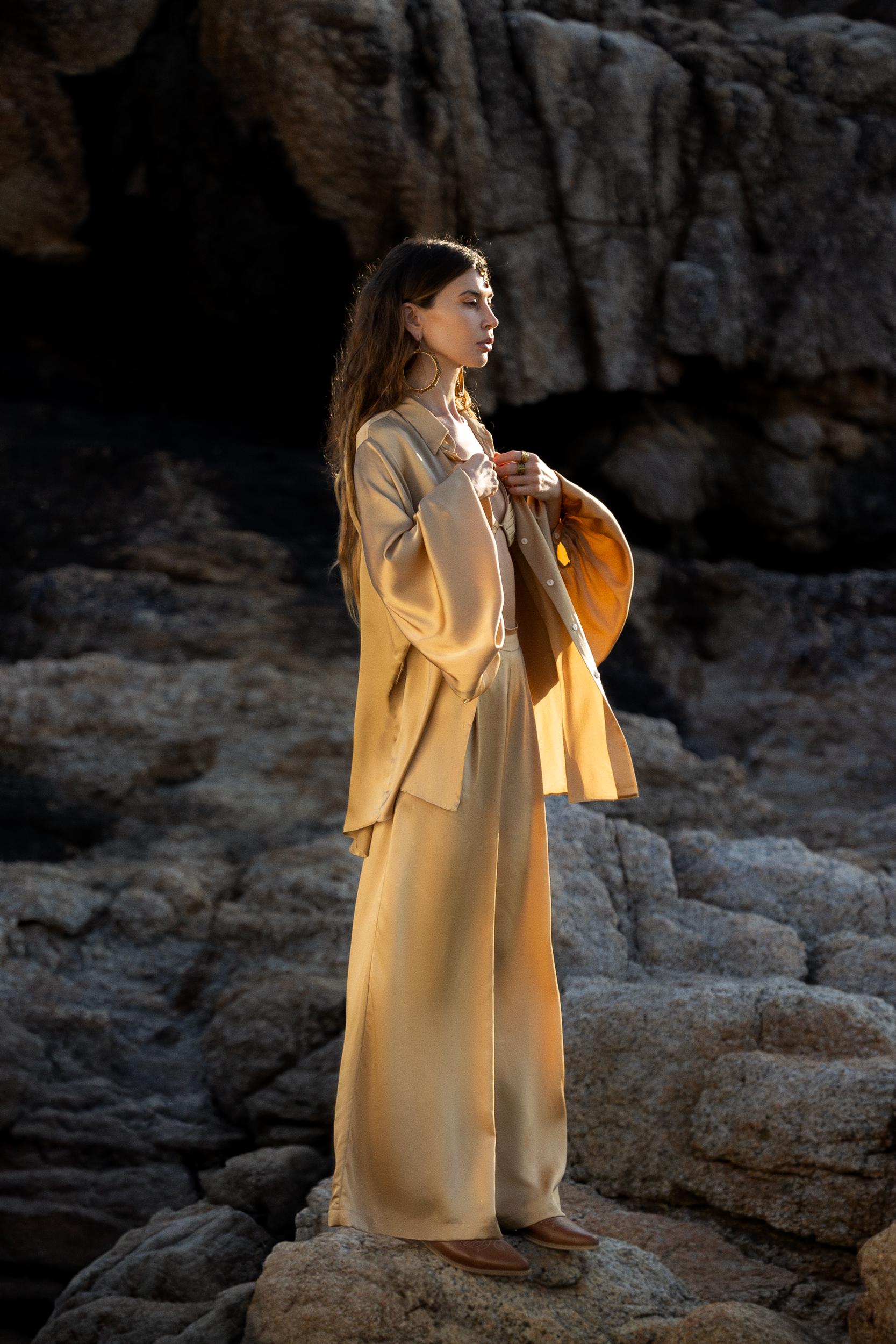 Inka Gold Apsara Silk Kimono Blouse, Boho Bell Sleeve Top, Sustainable Handmade Bali Goddess Wrap, Slow Fashion - AYA SW IDR