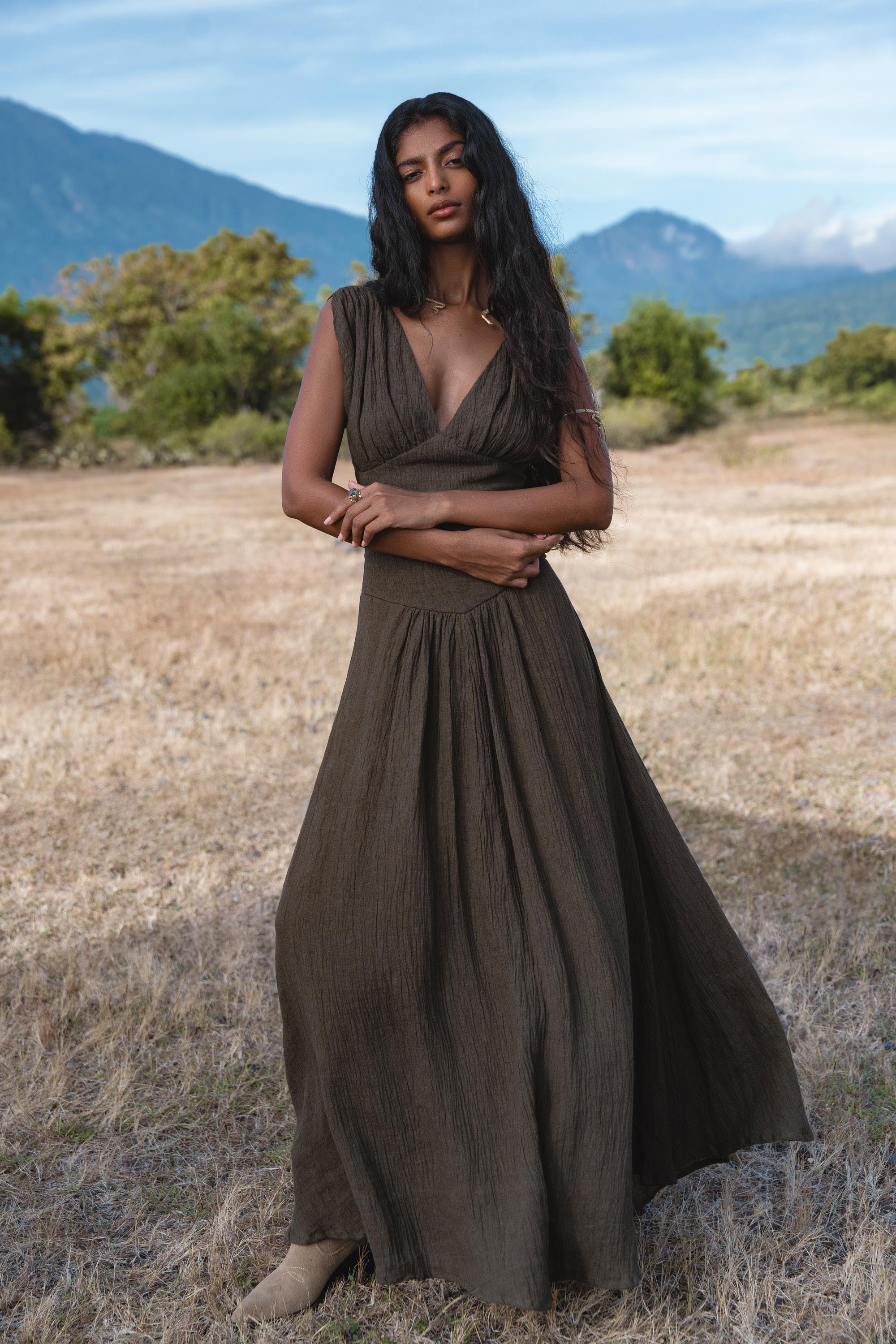 Japan Dress in African Brown Colour — Sustainable Linen Maxi Dress - AYA SW IDR
