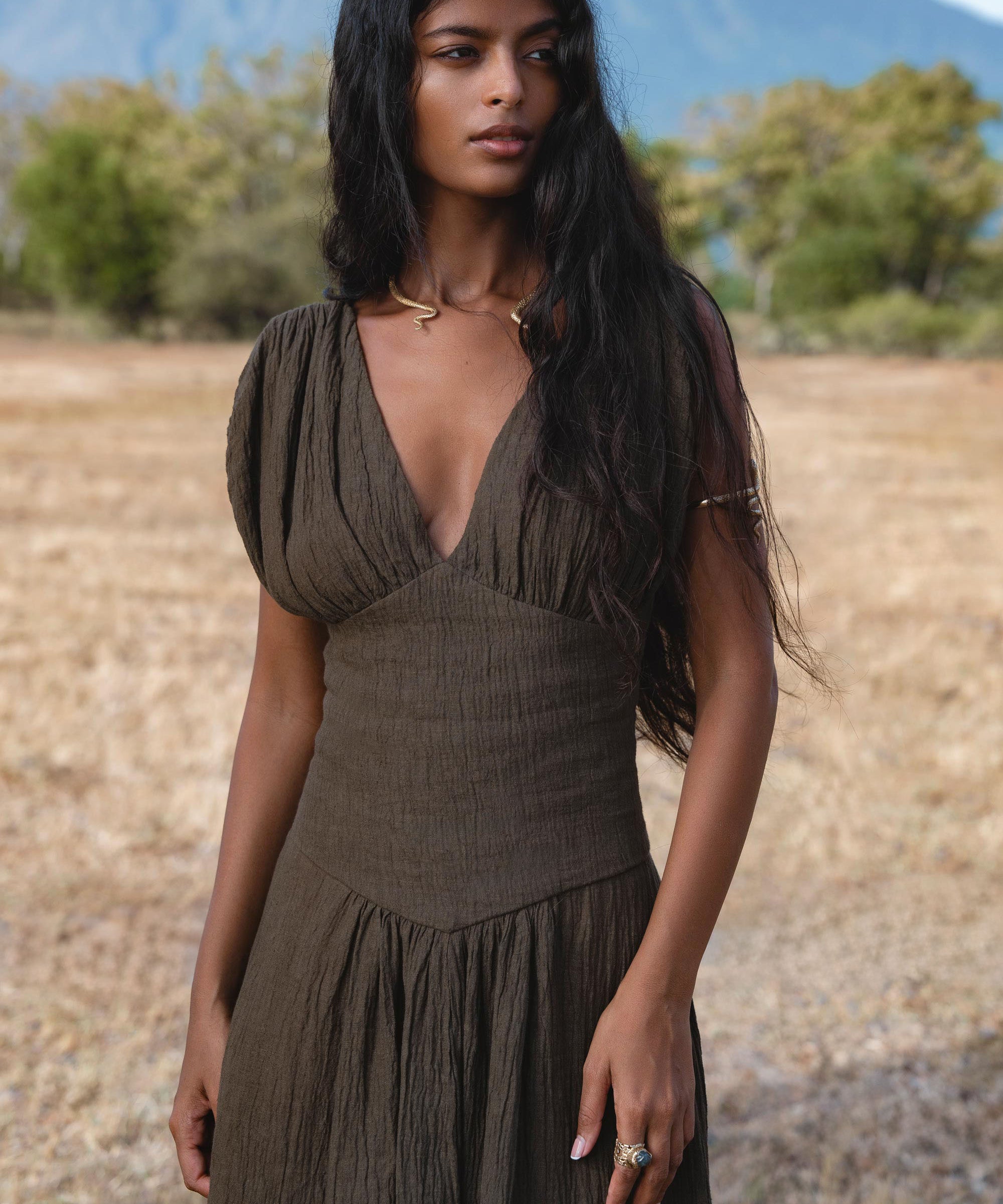 Japan Dress in African Brown Colour — Sustainable Linen Maxi Dress - AYA SW IDR