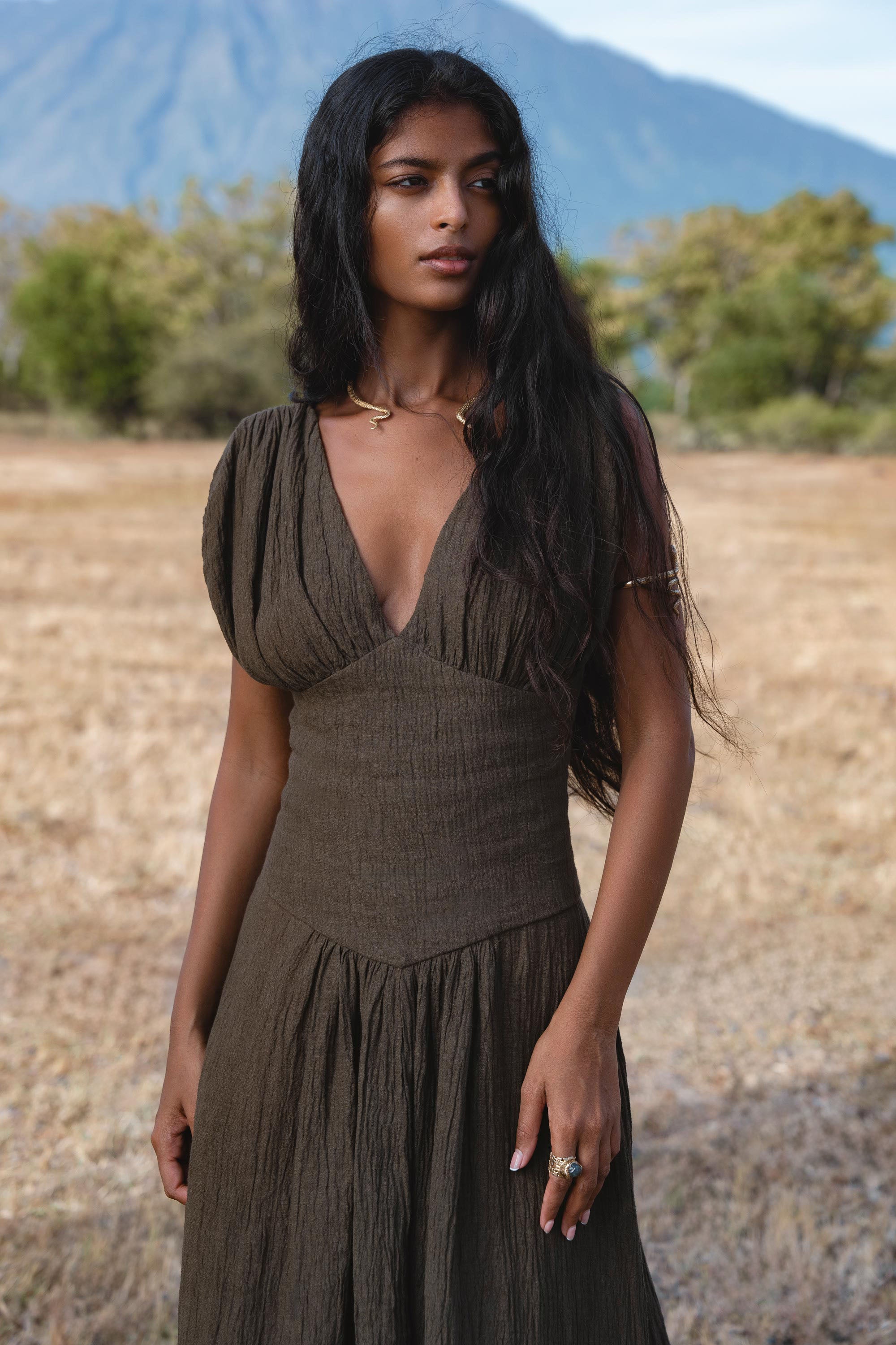Japan Dress in African Brown Colour — Sustainable Linen Maxi Dress - AYA SW IDR