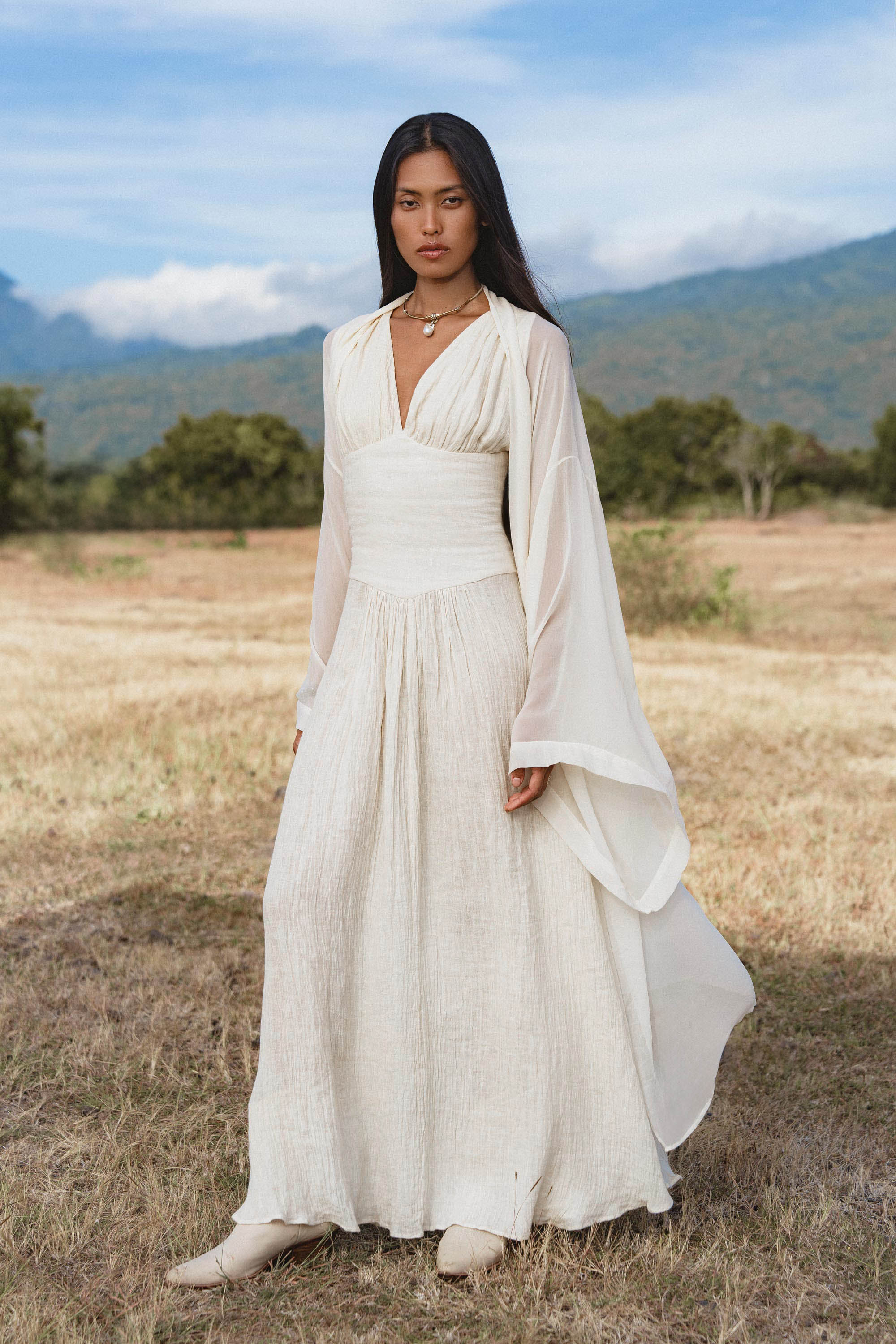 Japan Dress in Ivory Colour — Organic Linen Drop - Waist Wedding Dress - AYA SW IDR