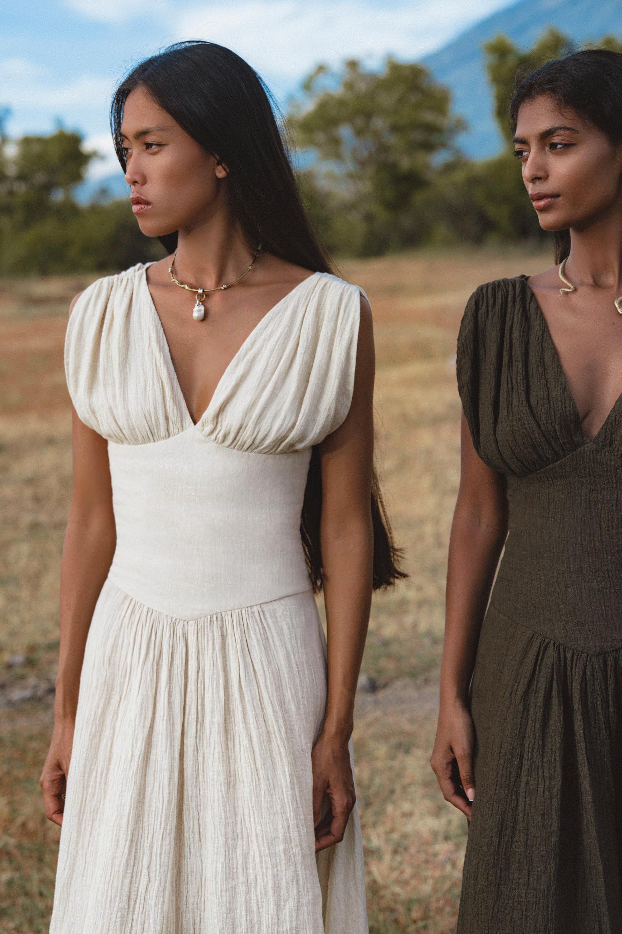 Japan Dress in Ivory Colour — Organic Linen Drop-Waist Wedding Dress - AYA SW IDR