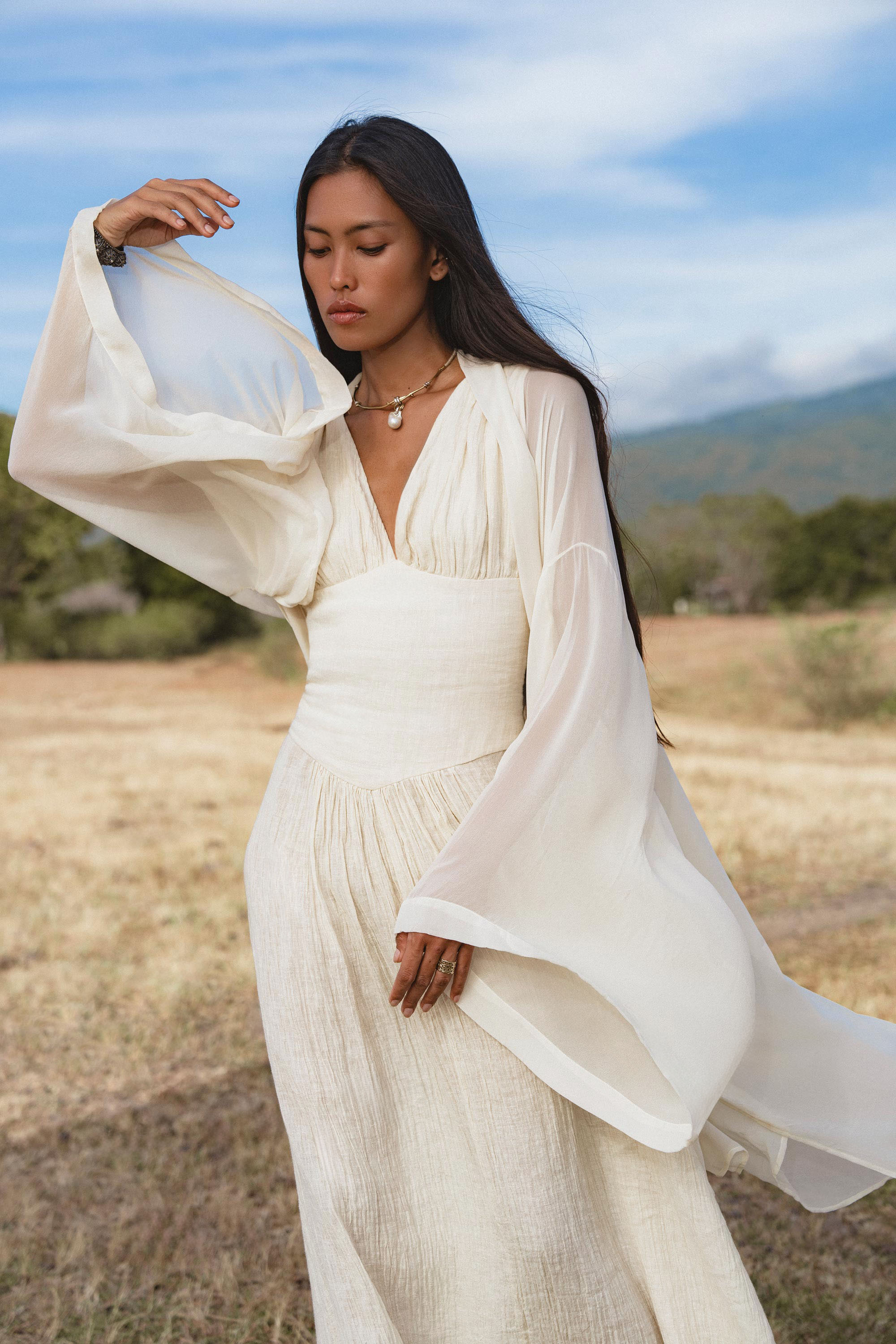 Japan Dress in Ivory Colour — Organic Linen Drop - Waist Wedding Dress - AYA SW IDR