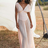 Japan Dress Light Pink Cotton Maxi, Handmade Boho Flowing Skirt, Deep V Corset Back Sustainable Slow Fashion - AYA SW IDR