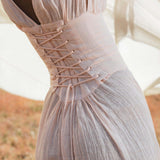 Japan Dress Light Pink Cotton Maxi, Handmade Boho Flowing Skirt, Deep V Corset Back Sustainable Slow Fashion - AYA SW IDR