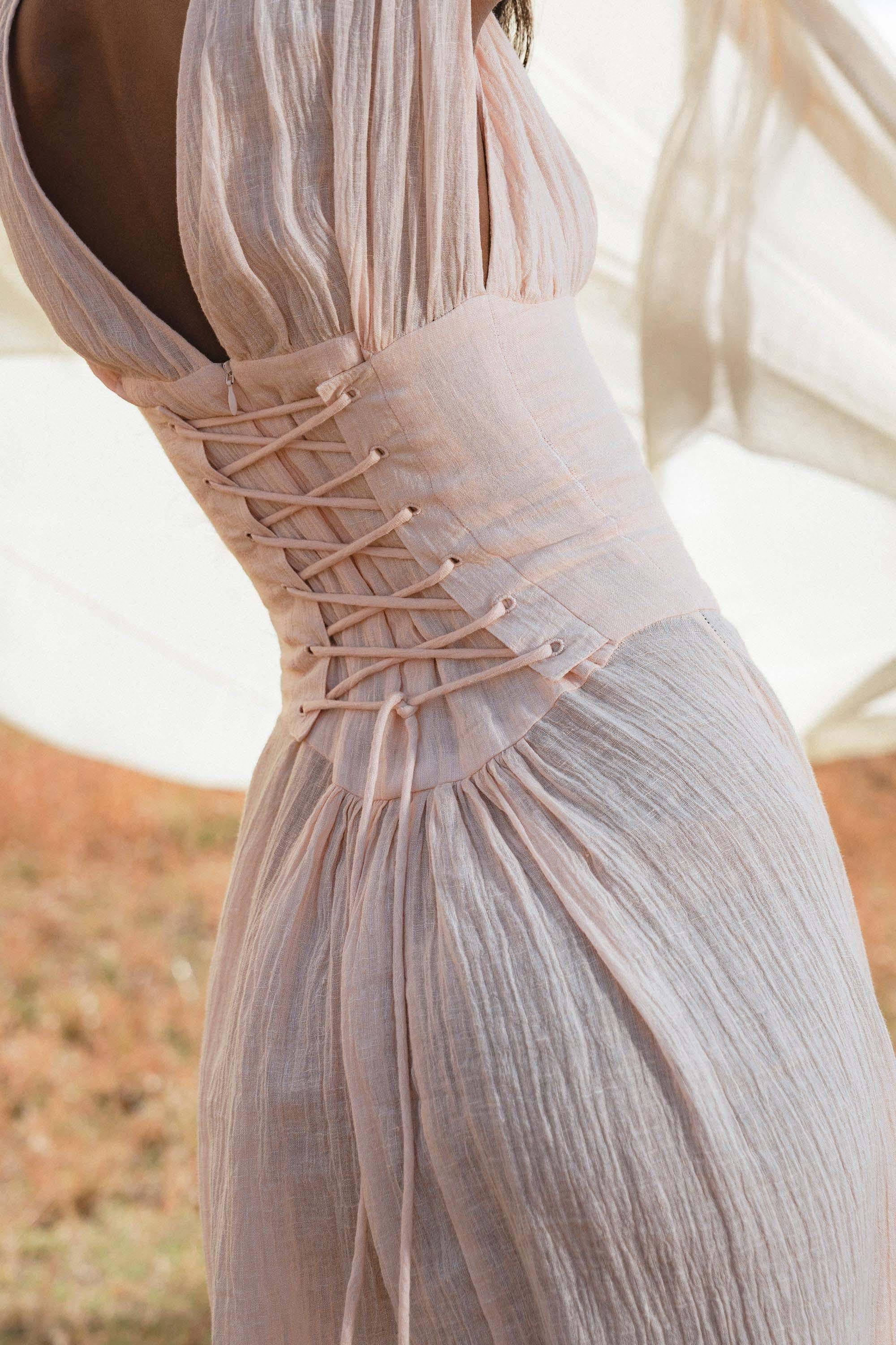Japan Dress Light Pink Cotton Maxi, Handmade Boho Flowing Skirt, Deep V Corset Back Sustainable Slow Fashion - AYA SW IDR