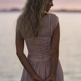 Japan Dress Light Pink Cotton Maxi, Handmade Boho Flowing Skirt, Deep V Corset Back Sustainable Slow Fashion - AYA SW IDR