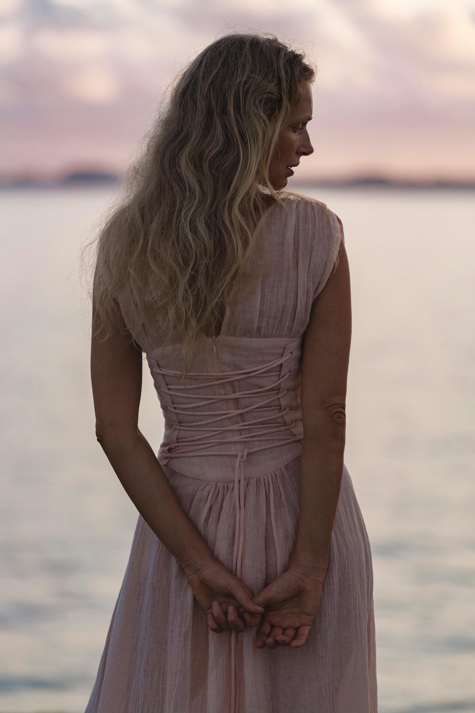 Japan Dress Light Pink Cotton Maxi, Handmade Boho Flowing Skirt, Deep V Corset Back Sustainable Slow Fashion - AYA SW IDR
