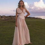 Japan Dress Light Pink Cotton Maxi, Handmade Boho Flowing Skirt, Deep V Corset Back Sustainable Slow Fashion - AYA SW IDR