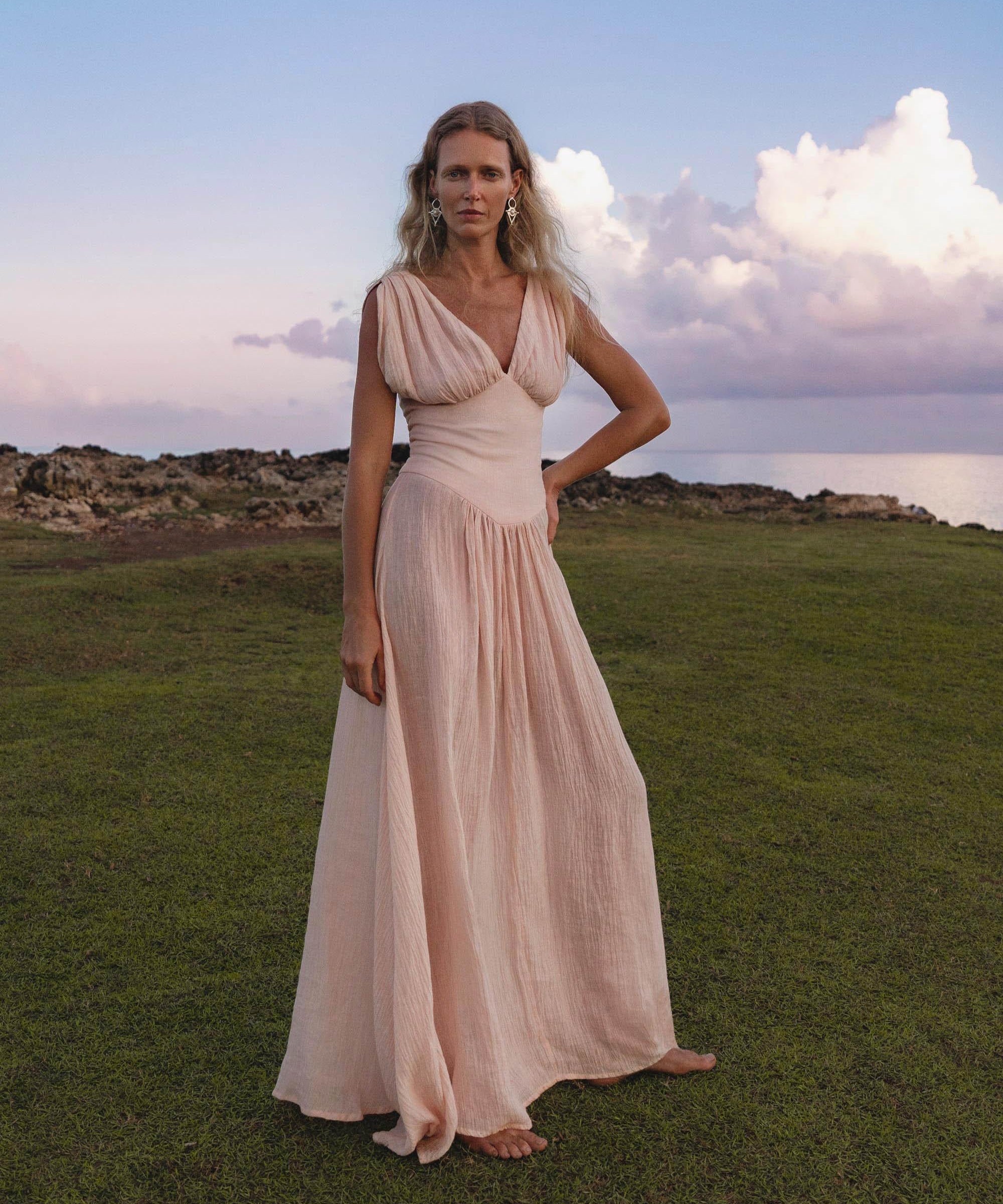 Japan Dress Light Pink Cotton Maxi, Handmade Boho Flowing Skirt, Deep V Corset Back Sustainable Slow Fashion - AYA SW IDR