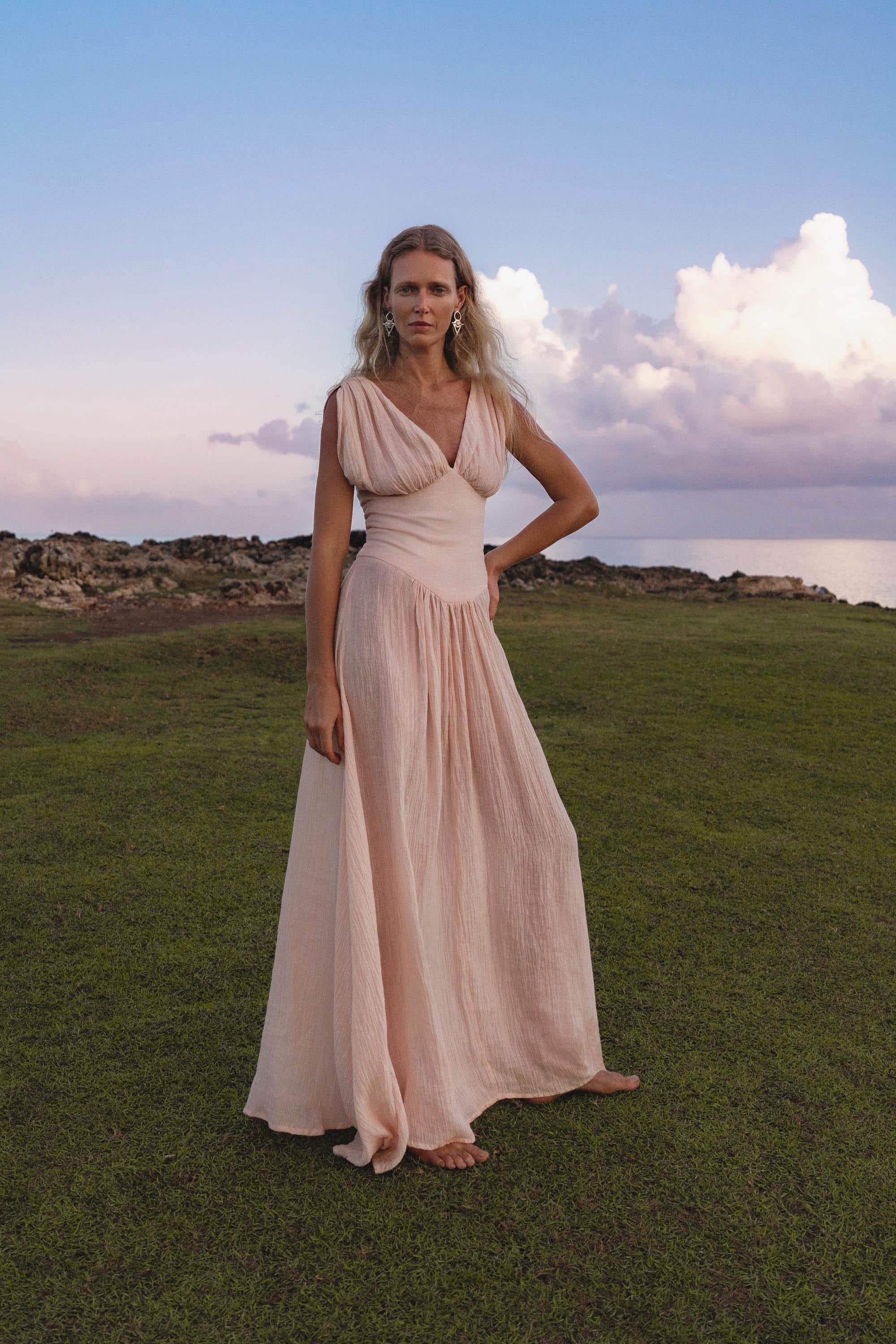 Japan Dress Light Pink Cotton Maxi, Handmade Boho Flowing Skirt, Deep V Corset Back Sustainable Slow Fashion - AYA SW IDR