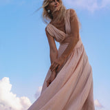 Japan Dress Light Pink Cotton Maxi, Handmade Boho Flowing Skirt, Deep V Corset Back Sustainable Slow Fashion - AYA SW IDR