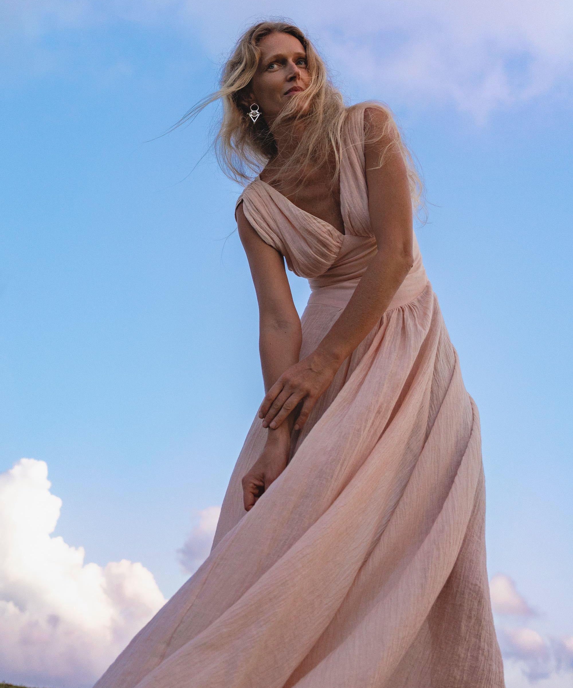 Japan Dress Light Pink Cotton Maxi, Handmade Boho Flowing Skirt, Deep V Corset Back Sustainable Slow Fashion - AYA SW IDR