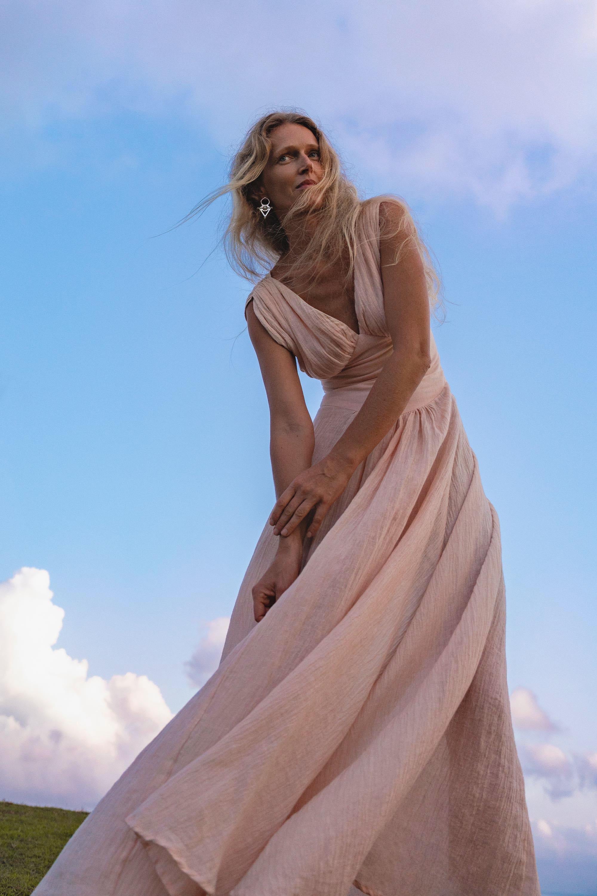 Japan Dress Light Pink Cotton Maxi, Handmade Boho Flowing Skirt, Deep V Corset Back Sustainable Slow Fashion - AYA SW IDR
