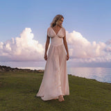Japan Dress Light Pink Cotton Maxi, Handmade Boho Flowing Skirt, Deep V Corset Back Sustainable Slow Fashion - AYA SW IDR